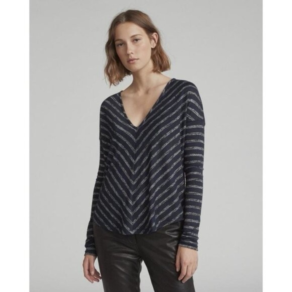 Rag & Bone Women’s Hudson Striped V-Neck Tee Navy Medium Drop Shoulder High Low